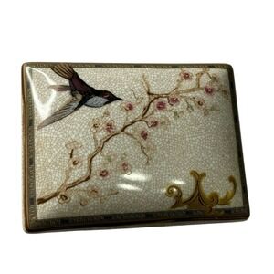 Vintage Porcelain Trinket Box Cherry Blossom Bird Butterfly Decorative Glaze